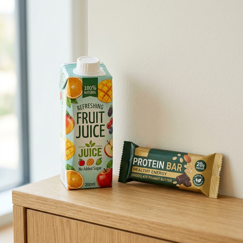 Healthy vending power combo of high-protein snack bars and tetra pack juices